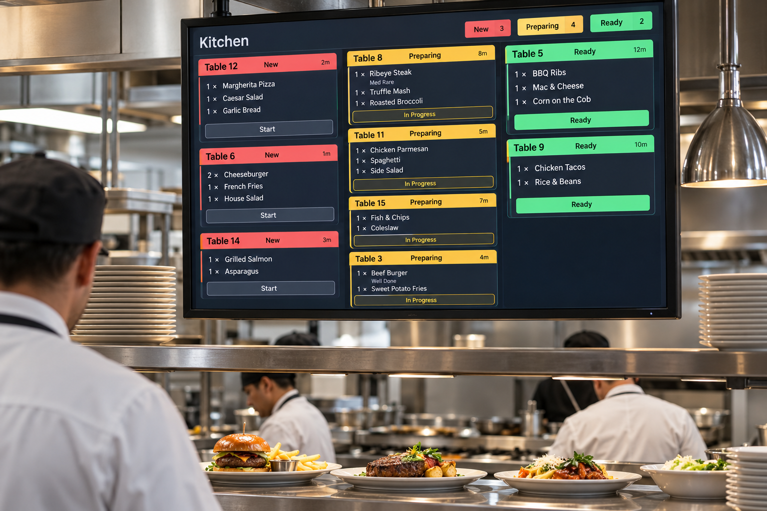 Kitchen display product interface showing live preparation