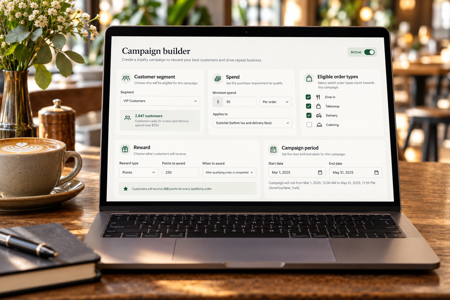 Customer loyalty product interface showing flexible campaigns