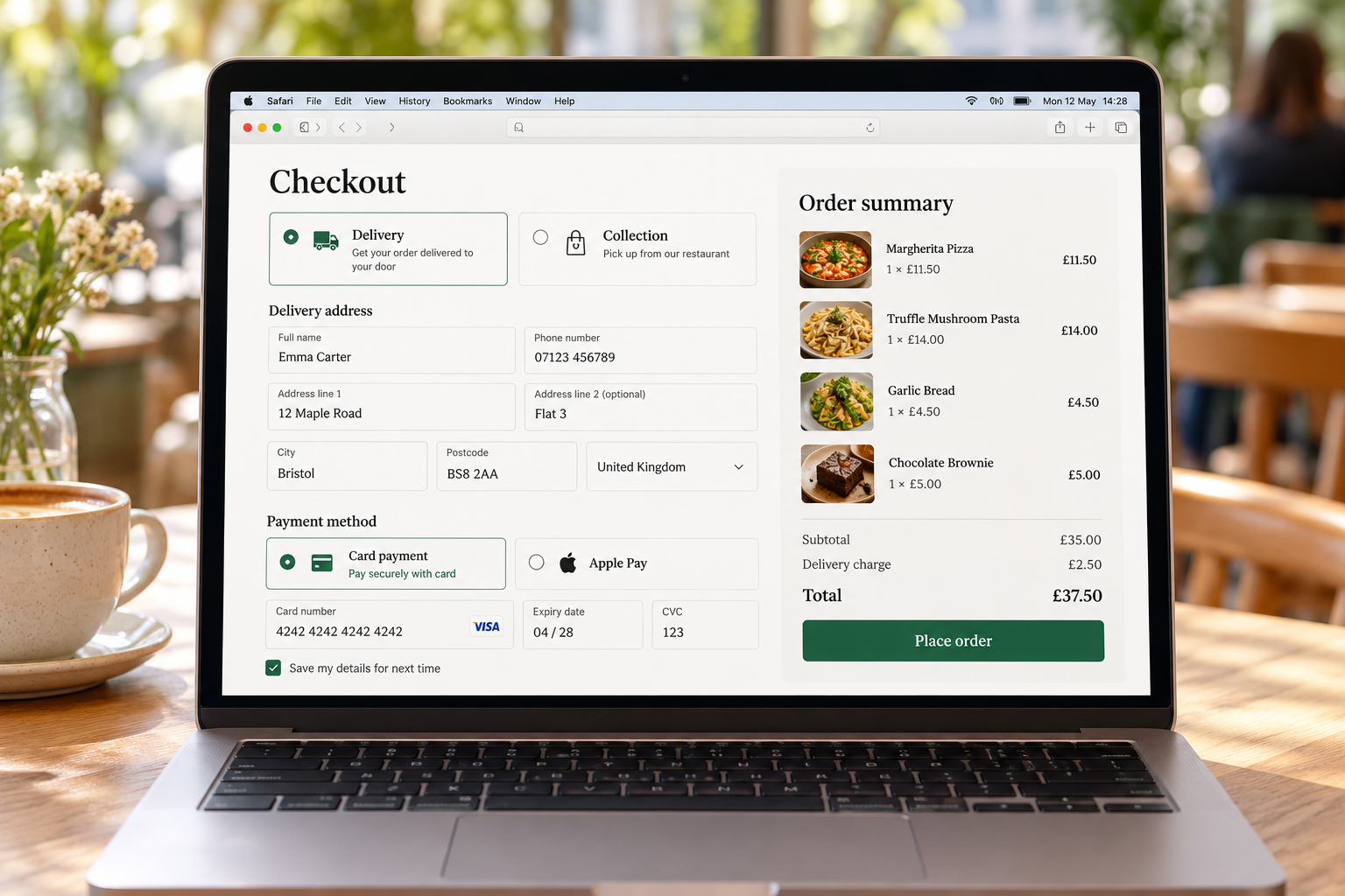 Web ordering product interface showing easy checkout