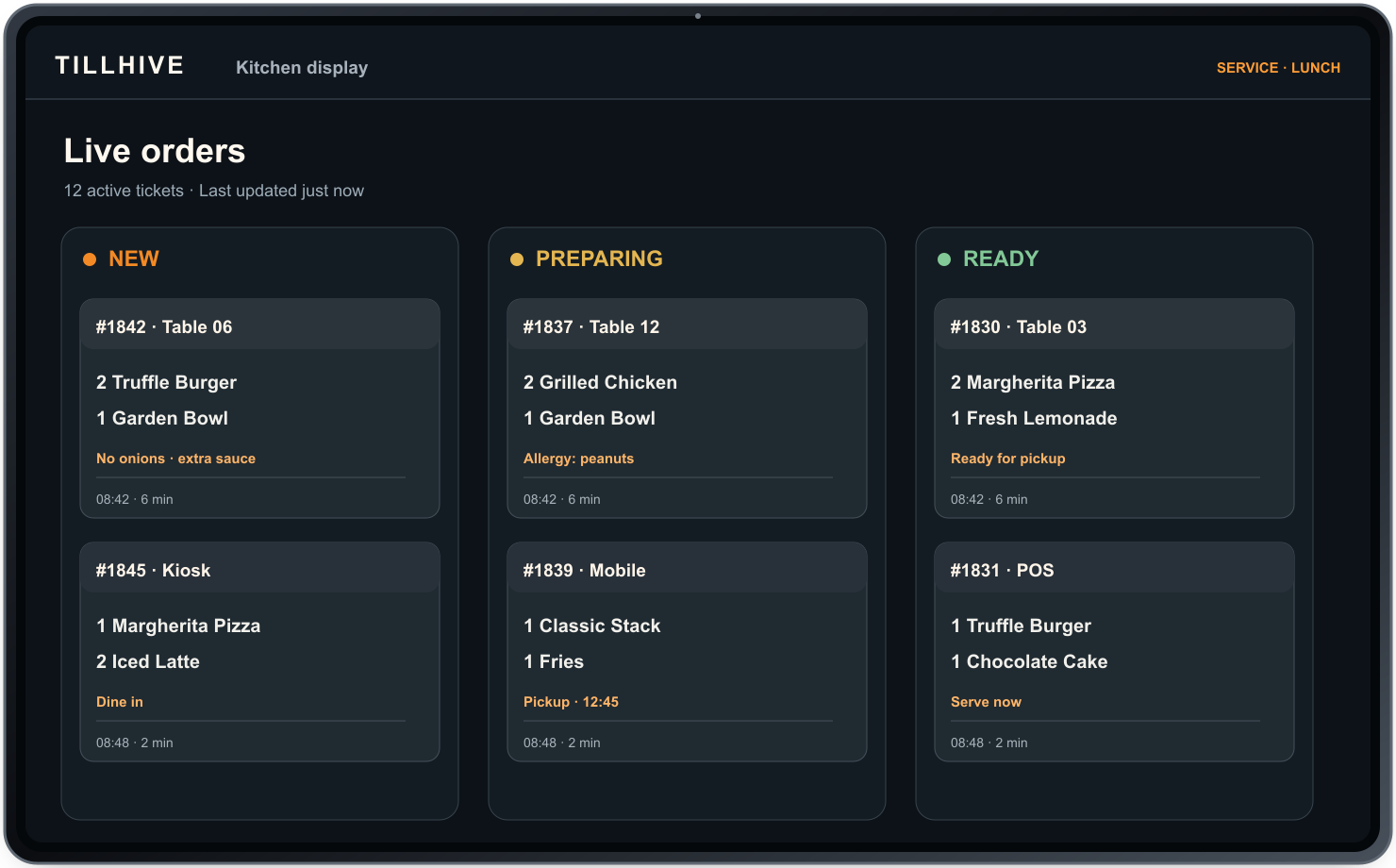 Kitchen display product interface showing smart routing