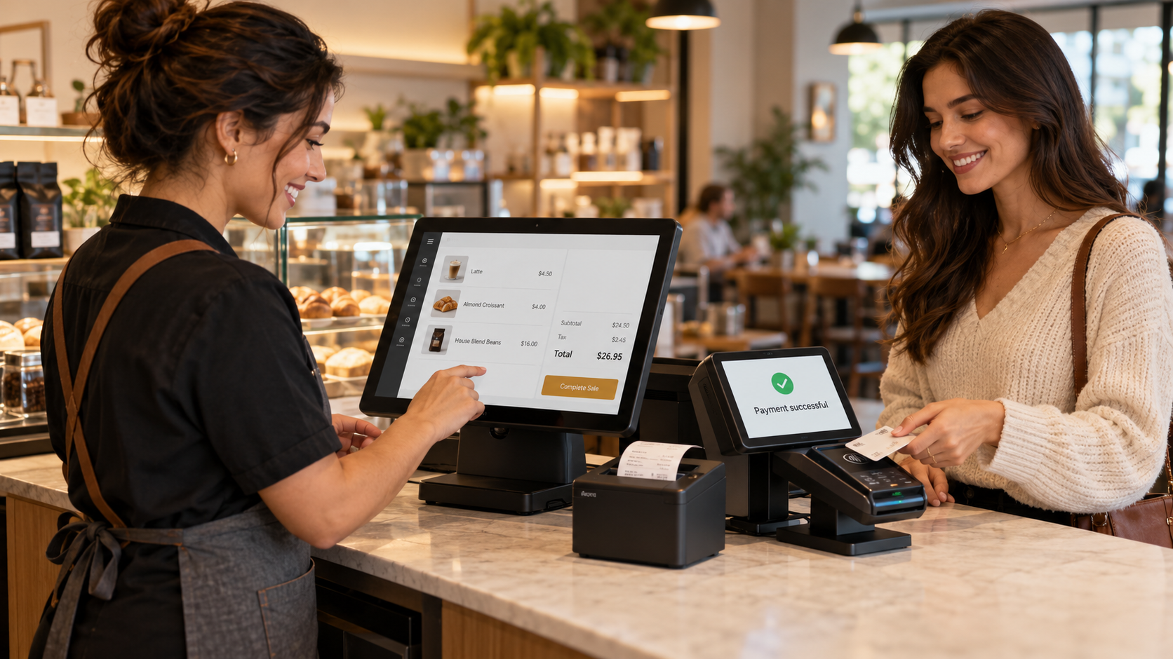 Cashier using a connected TillHive point of sale while a customer taps her card and the customer display confirms payment