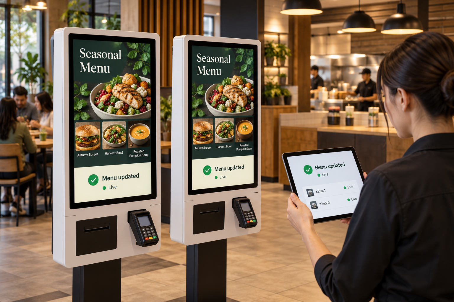 Self-service kiosk product interface showing cloud synchronisation
