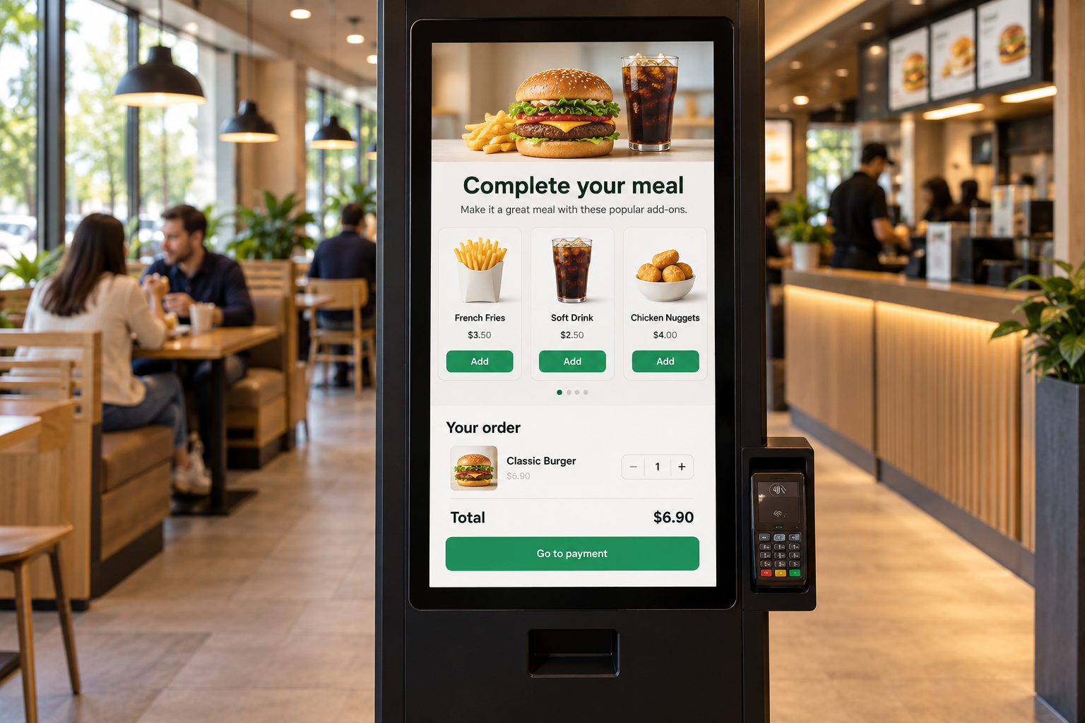 Self-service kiosk product interface showing smart basket building
