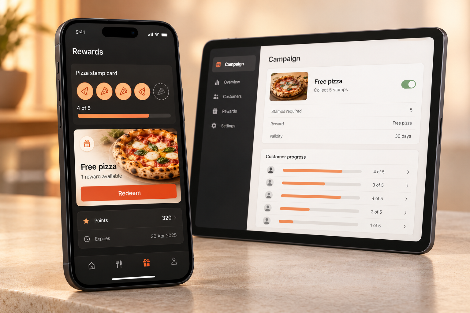 Waiter app product interface showing loyalty & engagement