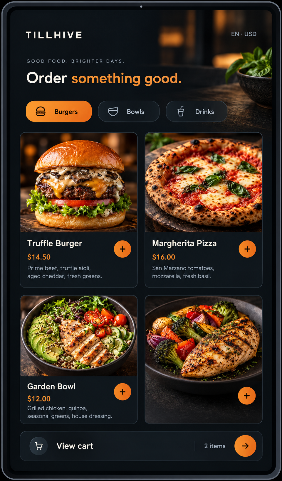 Self-service kiosk product interface showing guided ordering