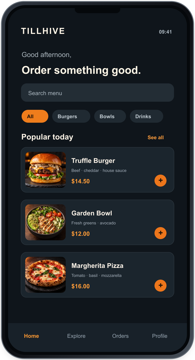 Waiter app product interface showing tableside service